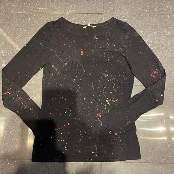 Upcycled Black xs RW&CO Neon Paint Splatter Longsleeve Tee - Picture 1 of 4